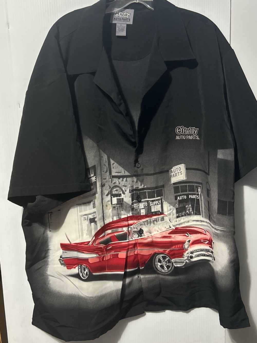 Black Short-Sleeve Camp Shirt with Red Car Graphic
